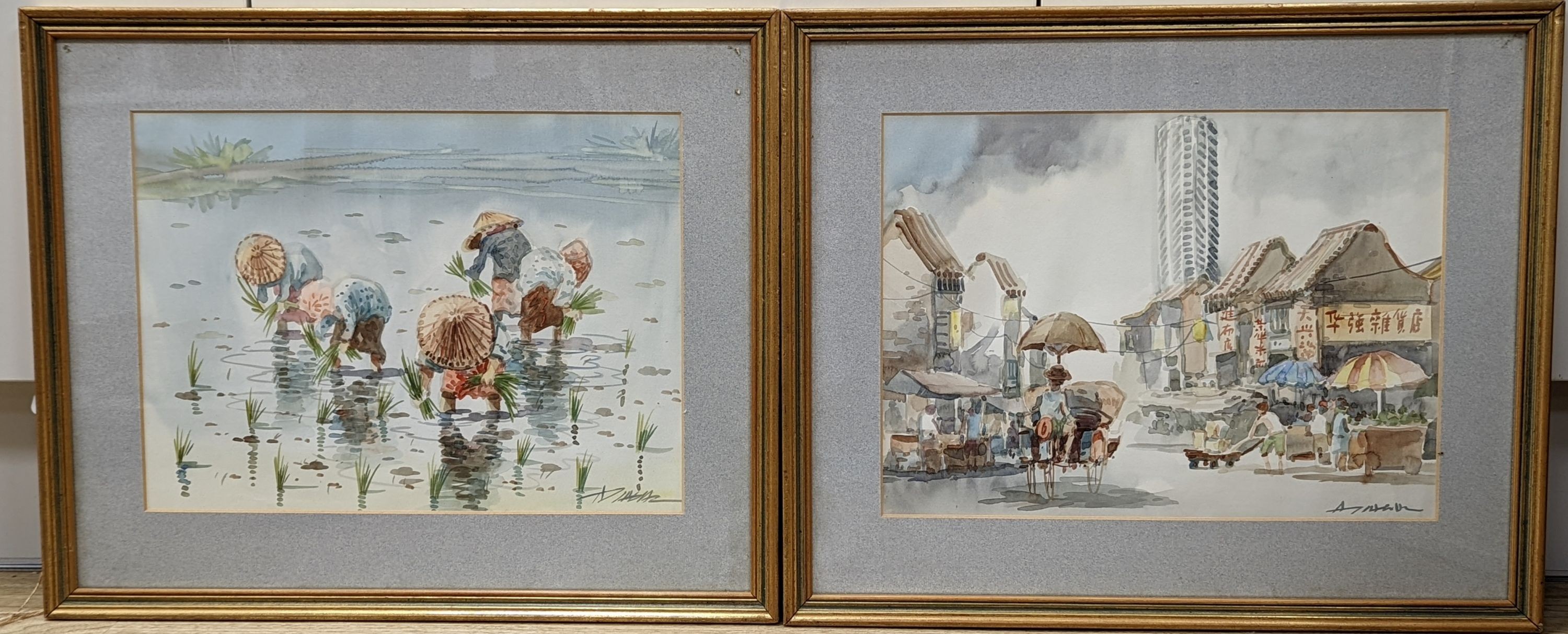 Asian School, pair of watercolours, Rice planters and Market scene, indistinctly signed, 26 x 35cm